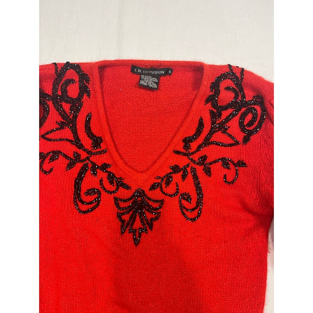 Vintage Red Beaded Silk Angora Blend Sweater S‎